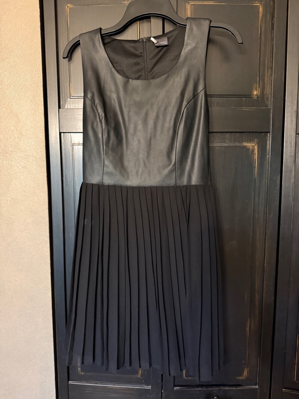 Sparkle & Fade Black Faux Leather Bodice Pleated Mini Dress